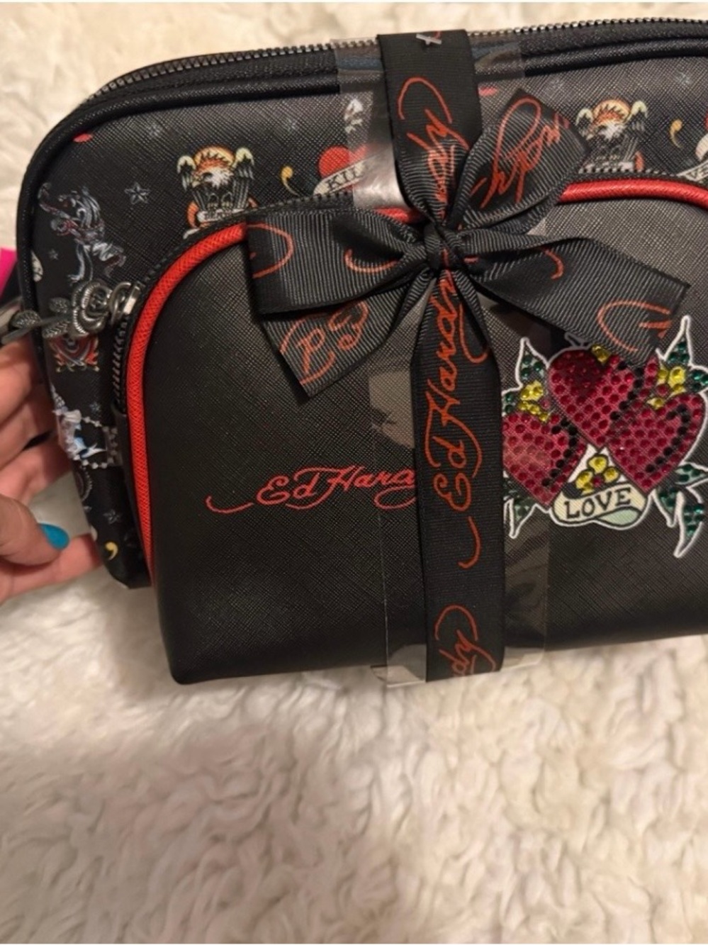 Ed Hardy Black Cosmetic Bag Set with Red Heart Accents